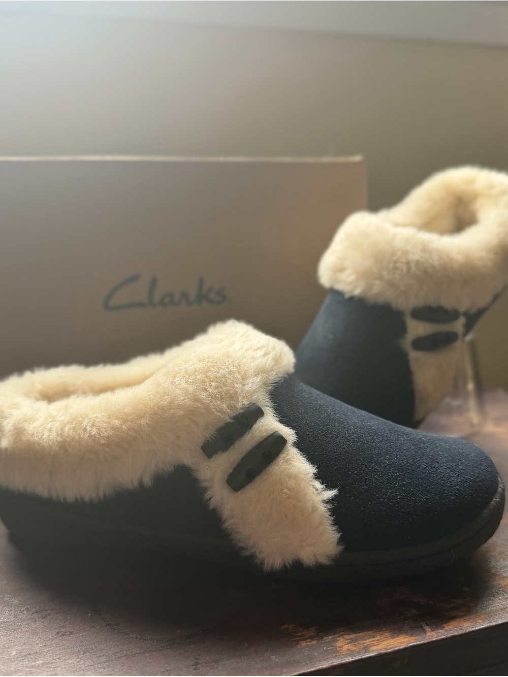 Clarks Navy Slip-On Slippers with Cream Faux Fur for Indoor/Outdoor Wear